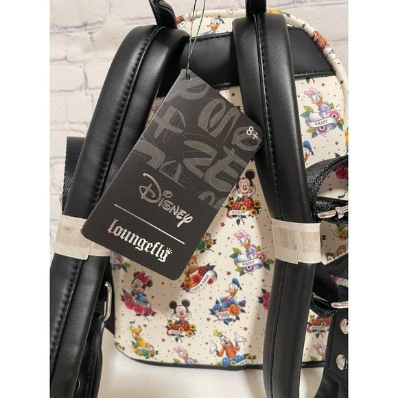 Loungefly Disney Mickey And Friends Tattoo Mini Backpack White Black Bag NEW - Picture 7 of 11